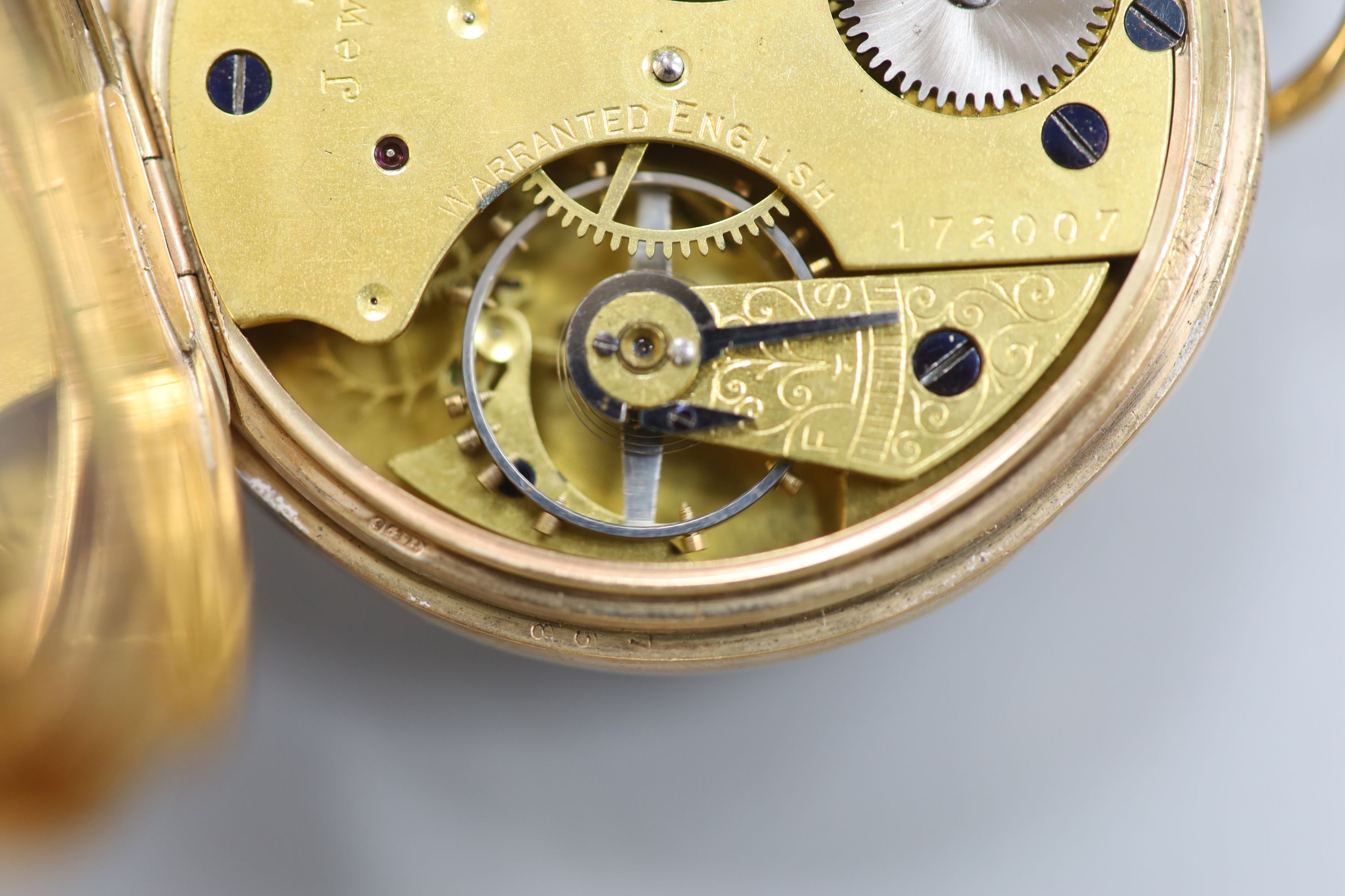 A George V 9ct gold open face keyless lever pocket watch, retailed by T. Ching, Dover, case diameter 48mm, gross 74 grams.